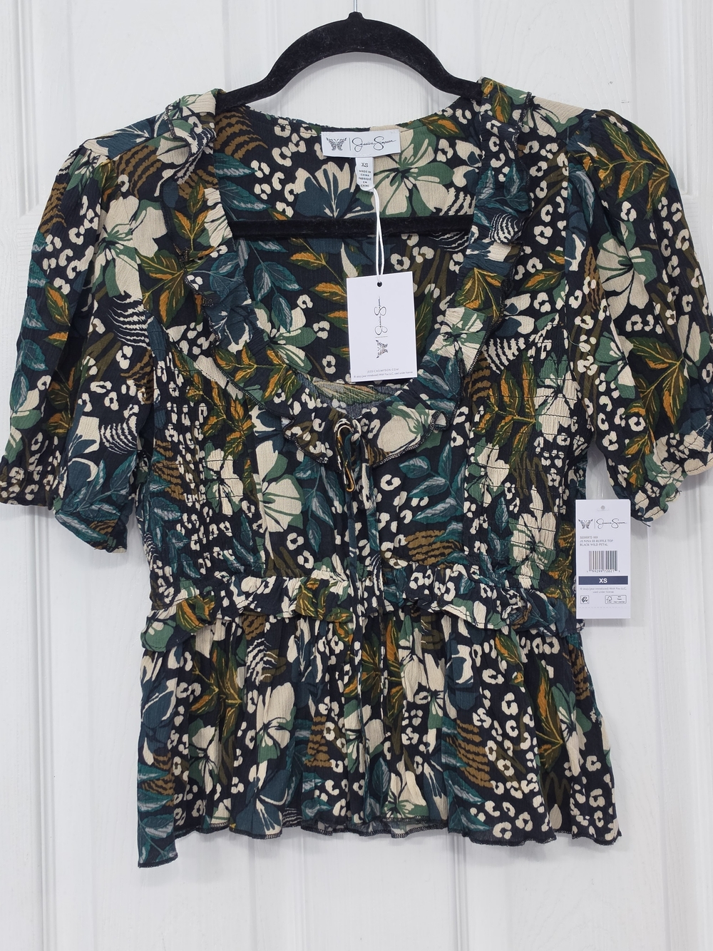 Jessica Simpson Nina Green Floral Tie-Front Puff Sleeve Blouse XS